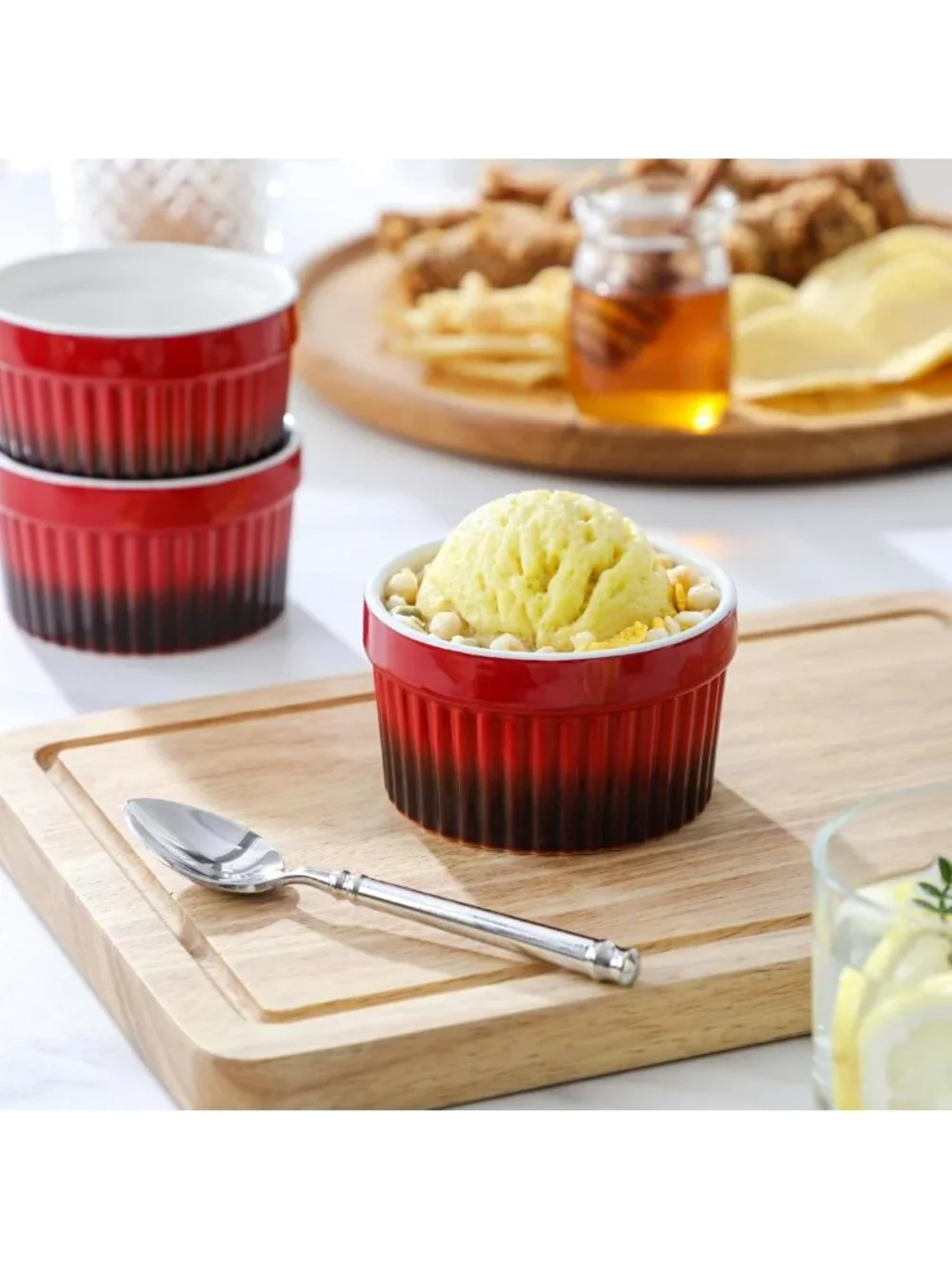Set of 6 Oven Safe Ceramic Ramekins - Red Soufflé Dishes for Baking, Dipping